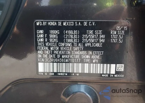 2016 Honda Hr-V Lx from USA, damaged, VIN 3CZRU6H36GM710177